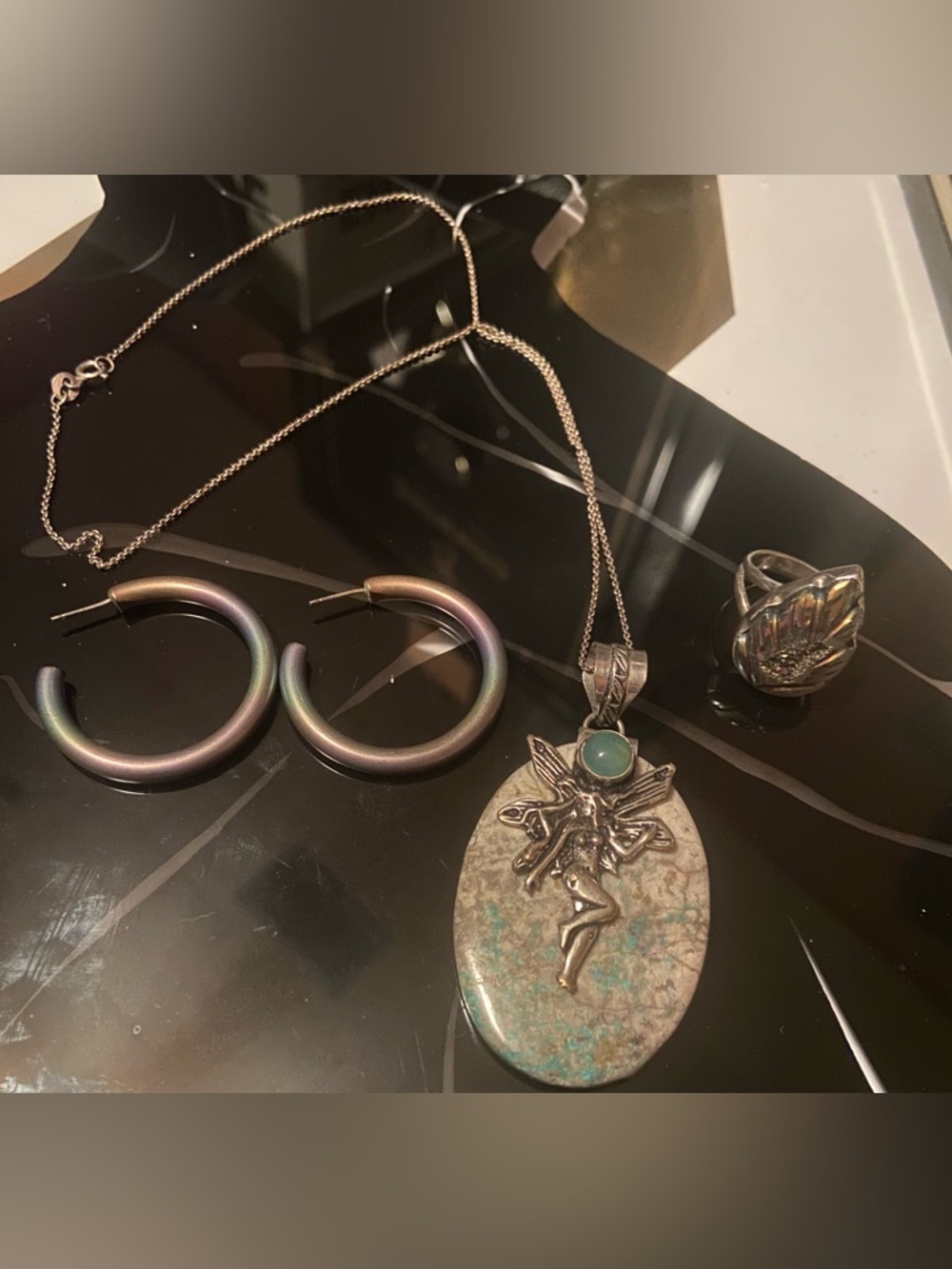 925 Silver Fairy Necklace w/Turquoise Accent&Rainbow Titanium Earrings& 925 Ring